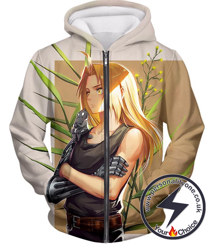 Fullmetal Alchemist Long Blonde Haired Anime Hero Edward Elrich Cool Pose Grey Zip Up Hoodie